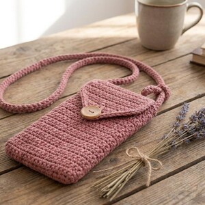 May include: A dusty rose crochet phone case with a flap closure and a wooden button. The case has a long strap and is displayed on a wooden surface. A bundle of lavender and a mug are also in the image.