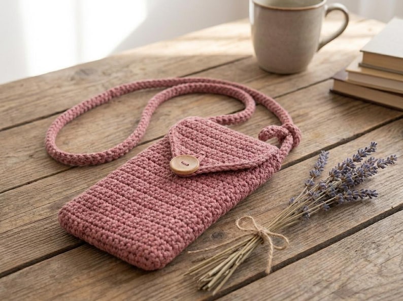 May include: A dusty rose crochet phone case with a flap closure and a wooden button. The case has a long strap and is displayed on a wooden surface. A bundle of lavender and a mug are also in the image.