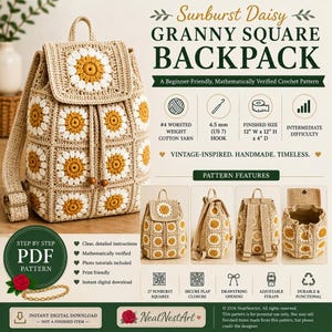 May include: A crochet backpack pattern featuring a sunburst daisy granny square design. The backpack is beige with yellow and white daisy squares. The text on the image says "Sunburst Daisy Granny Square Backpack". The finished size is 12" W x 12" H x 4" D.