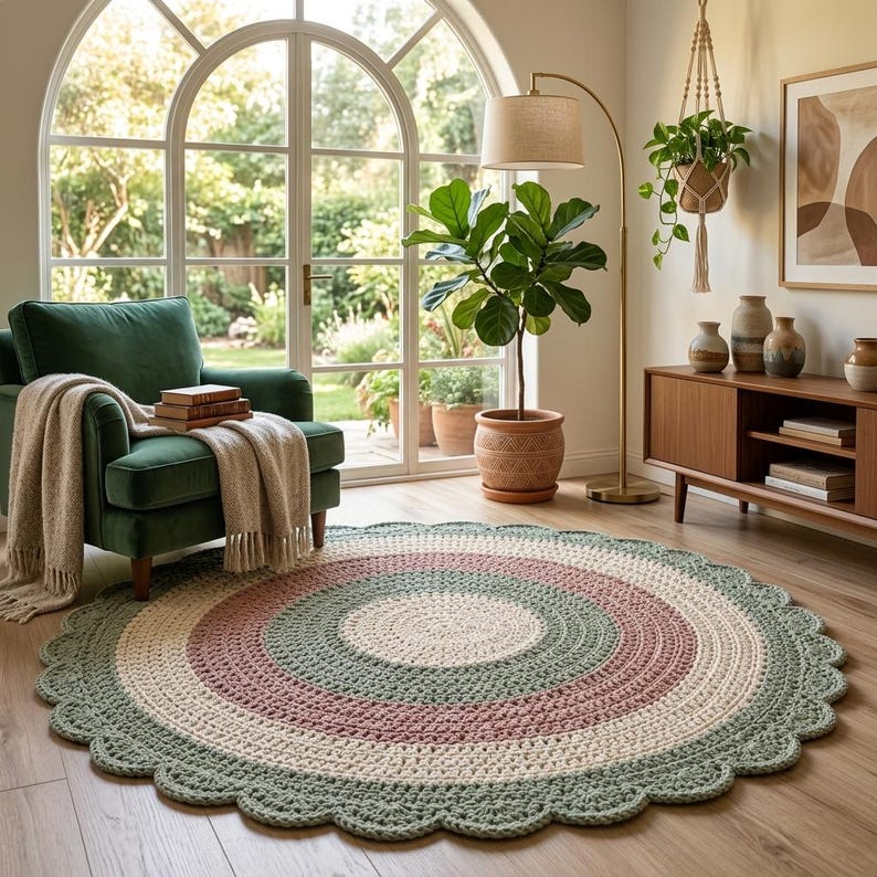 May include: A round, handmade crochet rug with a scalloped edge. The rug features concentric circles of color: sage green, pale pink, off-white, and sage green. The rug is placed on a hardwood floor in a living room setting.