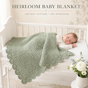 Puede incluir: Una manta de bebé tejida a ganchillo en color verde salvia con un patrón de borde festoneado. El texto HEIRLOOM BABY BLANKET CROCHET PATTERN PDF DOWNLOAD es visible arriba y la marca NeatNestArt está impresa en la parte inferior.