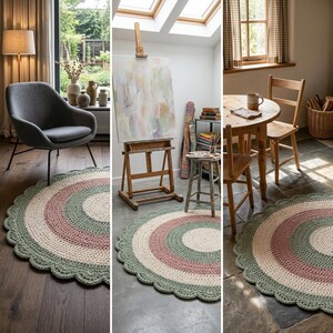 May include: A round, crocheted rug with a scalloped edge. The rug features concentric circles of color: cream, dusty rose, and sage green. The rug is shown in three different settings, including a living room and a dining area.