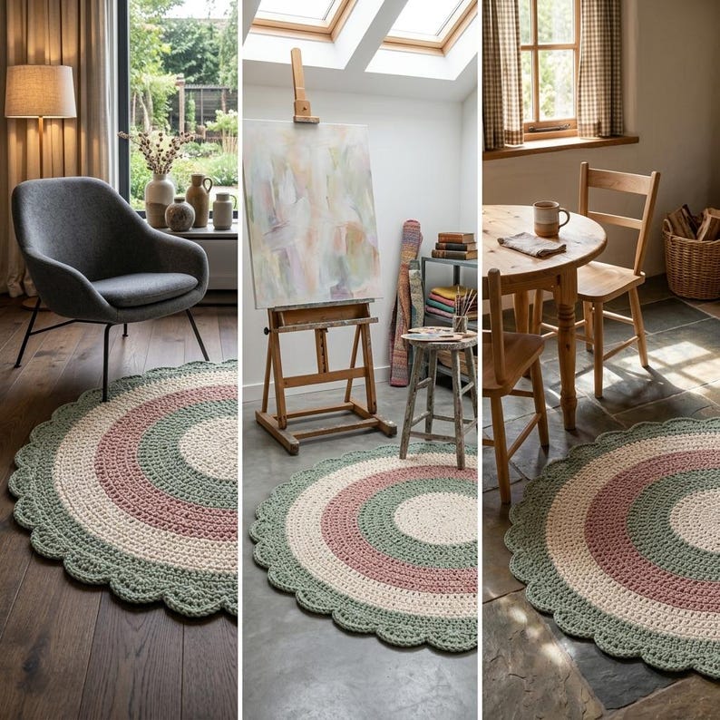 May include: A round, crocheted rug with a scalloped edge. The rug features concentric circles of color: cream, dusty rose, and sage green. The rug is shown in three different settings, including a living room and a dining area.