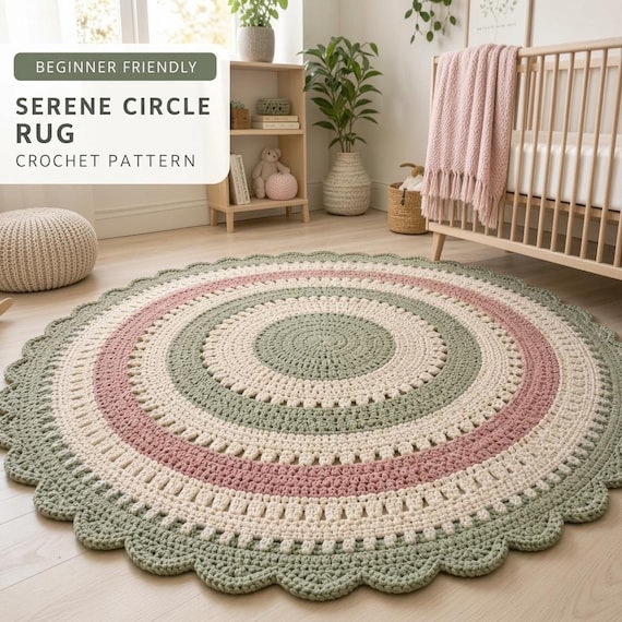 Beginner Round Crochet Rug Pattern | Serene Circle V-Stitch | Modern Nursery Living Room Decor | Large 36 Inch Rug Pattern | PDF Download
