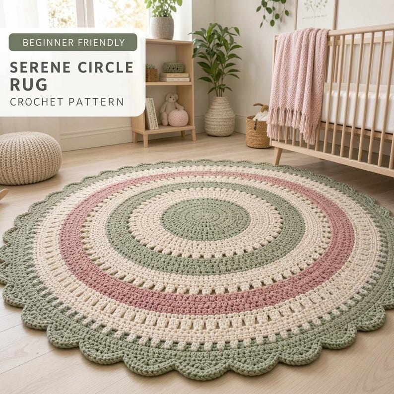 May include: A handmade, circular crochet rug with a scalloped edge. The rug features concentric circles in cream, dusty rose, and sage green. The text "BEGINNER FRIENDLY SERENE CIRCLE RUG CROCHET PATTERN" is in the upper left corner.