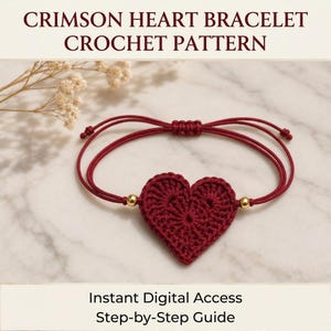 May include: Crimson heart crochet bracelet pattern. The bracelet features a crocheted heart in a deep red color, accented with gold-colored beads. The adjustable cord is also red. The text at the top reads "Crimson Heart Bracelet Crochet Pattern".