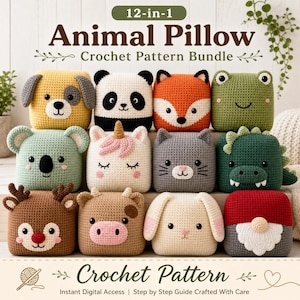 Paquete de patrones de ganchillo para almohadas de animales 12 en 1 / PDF de amigurumi / Lindo cojín de animales para decoración de guardería / Patrón de almohada de unicornio, zorro y perro