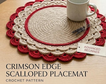 Round Placemat Crochet Pattern | Crochet Doily Pattern | Crimson Edge Scalloped Table Mat Crochet Decor | PDF Download