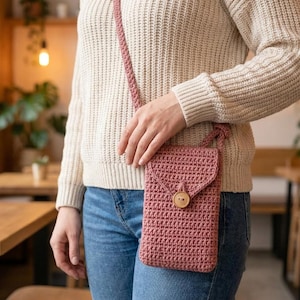 May include: A dusty rose crochet crossbody phone bag with a flap closure and a wooden button. The bag is worn over the shoulder. The bag is made of a textured yarn and has a matching strap.