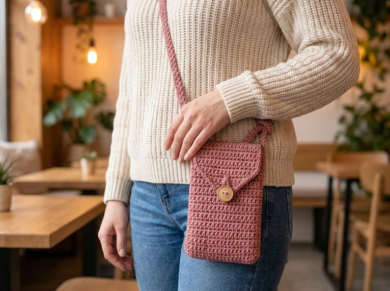 May include: A dusty rose crochet crossbody phone bag with a flap closure and a wooden button. The bag is worn over the shoulder. The bag is made of a textured yarn and has a matching strap.