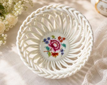 Herend Hungary Basket, Porcelain Open Weave, Hand Painted Floral