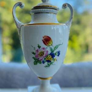 Antique German Porcelain Lidded Vase – Fürstenberg – Twin Handles – Hand-Painted Floral Panels – Gilt Accents