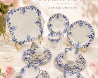 Shelley England Fine Bone China Tea Set, 16 Pieces – 5 Trios + Serving Plate, Blue Floral, Elegant Tea Set, Mother’s Day Gift