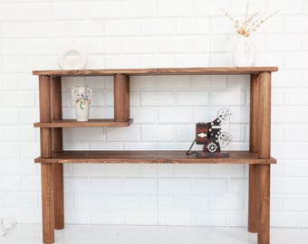 Drewniana konsola z półkami, Naturalny, ręcznie robiony mebel do przedpokoju, Konsola z otwartymi półkami, Rustykalny drewniany stolik konsolowy, Konsola vintage