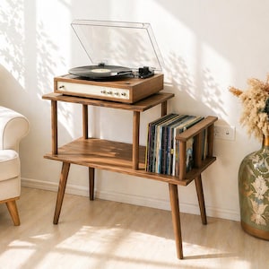 Skivspelare med vinylförvaring: Skivspelare i massivt trä