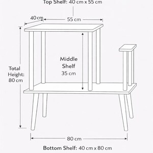 May include: A line drawing of a multi-tiered shelving unit with dimensions. The top shelf is 40 cm by 55 cm, the middle shelf clearance is 35 cm, the bottom shelf is 40 cm by 80 cm, and the total height of the unit is 80 cm.