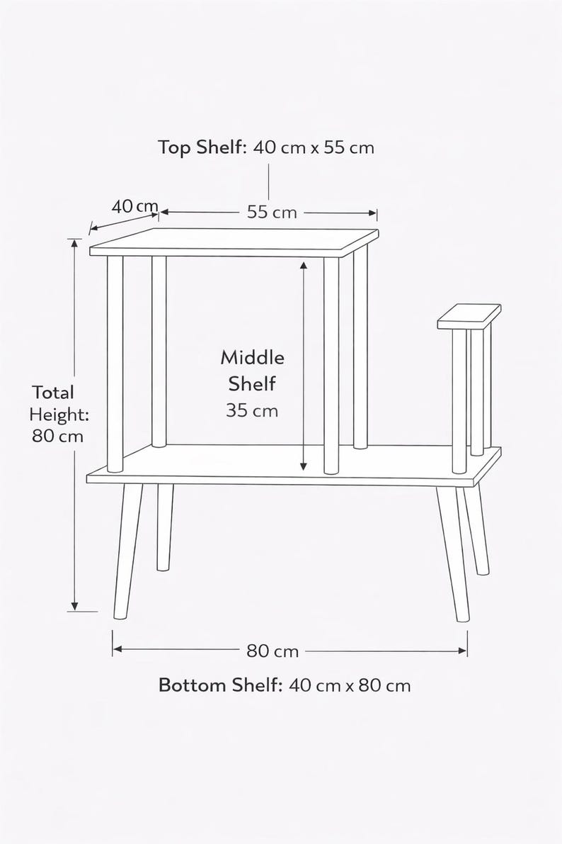May include: A line drawing of a multi-tiered shelving unit with dimensions. The top shelf is 40 cm by 55 cm, the middle shelf clearance is 35 cm, the bottom shelf is 40 cm by 80 cm, and the total height of the unit is 80 cm.