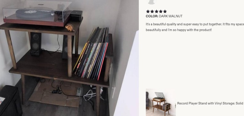 May include: A dark walnut record player stand with two tiers. The top tier holds a record player with a clear cover, while the bottom tier features a dedicated section for vertical vinyl record storage. The stand has four wooden legs.