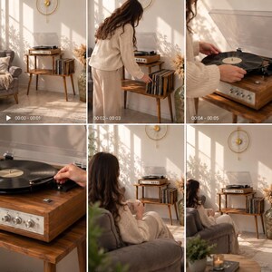 May include: A wooden record player console with a two-tier design, featuring a walnut finish, a clear dust cover, and a silver control panel with knobs. The console stands on four tapered legs and includes a lower shelf for storing vinyl records.