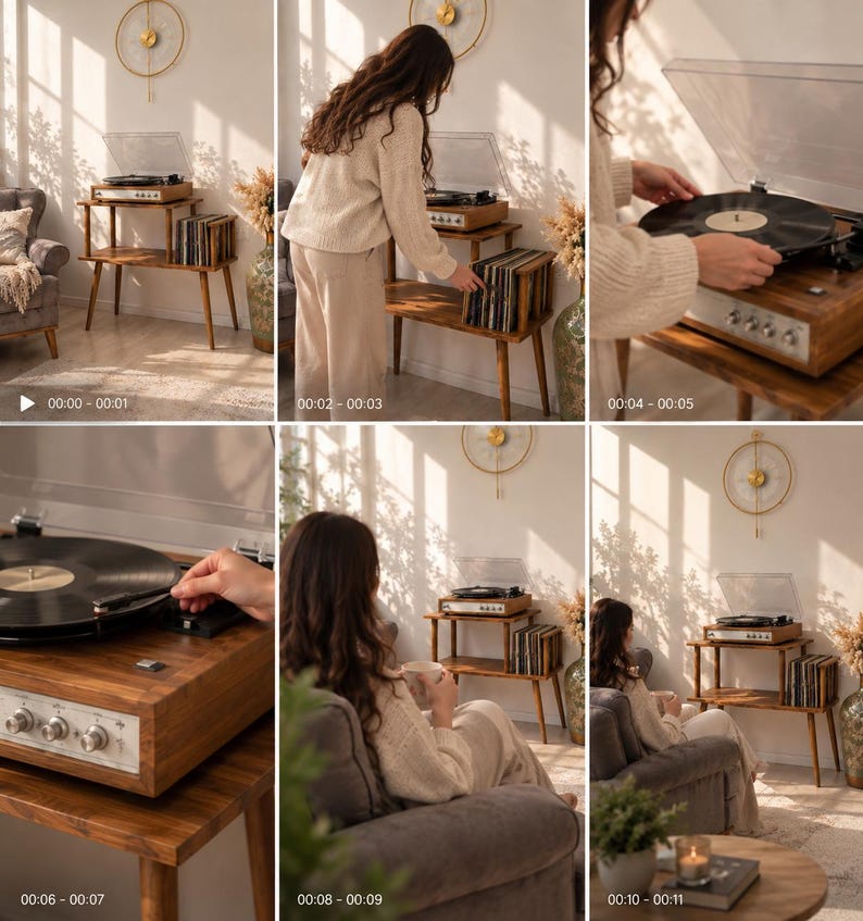 May include: A wooden record player console with a two-tier design, featuring a walnut finish, a clear dust cover, and a silver control panel with knobs. The console stands on four tapered legs and includes a lower shelf for storing vinyl records.