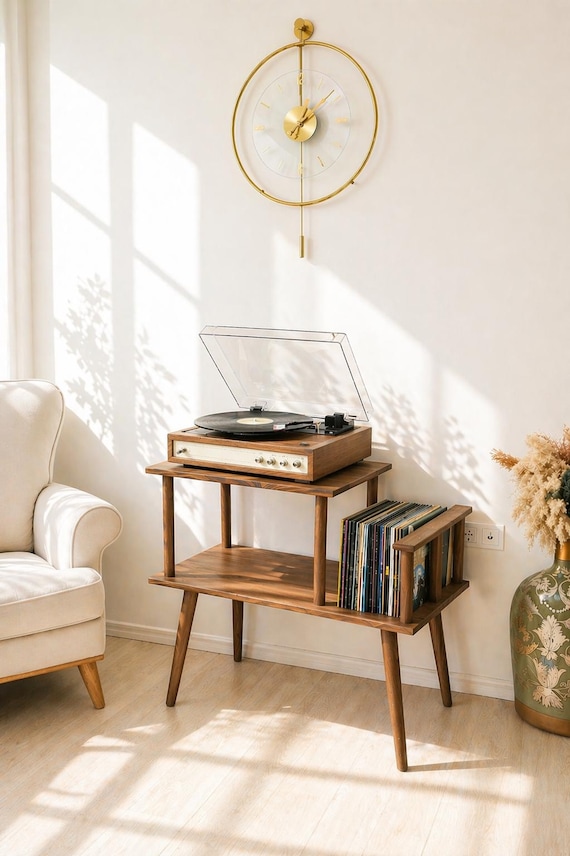 Record Player Stand with Vinyl Storage: Solid Wood Turntable Stand