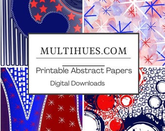 Patriottisch digitaal papierpakket: rode, witte en blauwe abstracte ontwerpen (digitale download, 8,5 x 11 in jpg's)