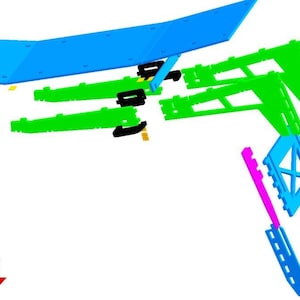 Peut inclure: Une mod&eacute;lisation 3D d'un avion, avec une aile bleue, des structures de support vertes et des composants de queue roses et bleus. La conception est divis&eacute;e en pi&egrave;ces s&eacute;par&eacute;es, sugg&eacute;rant un processus d'assemblage. Une ic&ocirc;ne PDF est dans le coin inf&eacute;rieur gauche.