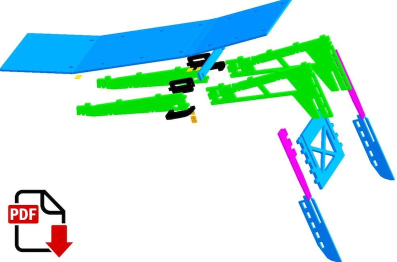 Peut inclure: Une mod&eacute;lisation 3D d'un avion, avec une aile bleue, des structures de support vertes et des composants de queue roses et bleus. La conception est divis&eacute;e en pi&egrave;ces s&eacute;par&eacute;es, sugg&eacute;rant un processus d'assemblage. Une ic&ocirc;ne PDF est dans le coin inf&eacute;rieur gauche.