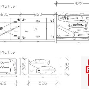 May include: Detailed technical drawing with dimensions in millimeters for a woodworking project. Includes multiple views of the components, with measurements like 605mm, 630mm, and 822mm. A PDF icon is visible in the lower right corner.