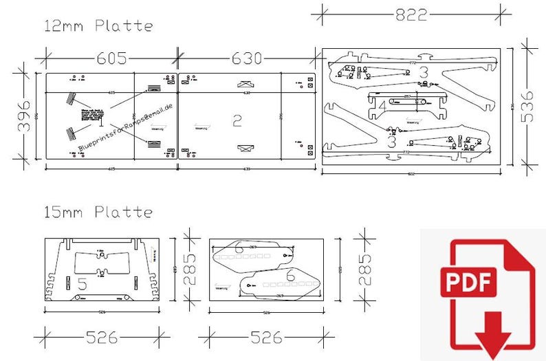 May include: Detailed technical drawing with dimensions in millimeters for a woodworking project. Includes multiple views of the components, with measurements like 605mm, 630mm, and 822mm. A PDF icon is visible in the lower right corner.