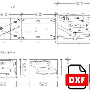 May include: Technical drawing with dimensions in millimetres, showing various shapes and labels. Includes the text "DXF" and "DWG" indicating file formats. The drawing is for a woodworking project, with measurements like 605mm and 822mm.