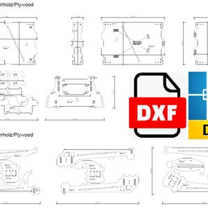 Könnte beinhalten: Technische Zeichnungen von Holzkomponenten, mit Abmessungen in Millimetern, gekennzeichnet als 12 mm und 15 mm Sperrholz. Das Bild enthält DXF- und DWG-Dateisymbole, die auf digitale Designdateien hindeuten.