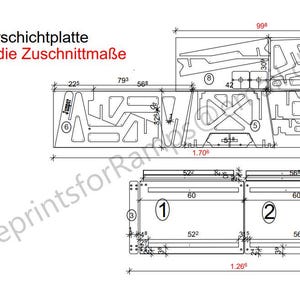 Könnte beinhalten: Technische Zeichnung einer Holzkonstruktion mit verschiedenen geometrischen Formen und Maßen in cm. Der Text "Übersicht 12mm Mehrschichtplatte" ist sichtbar, zusammen mit Maßen und Beschriftungen.