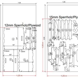 Könnte beinhalten: Technische Zeichnung von Sperrholzkomponenten mit Maßen in Metern. Das Bild zeigt zwei Layouts, eines mit 12 mm und das andere mit 15 mm Sperrholzstücken. Textbeschriftungen kennzeichnen Materialien und Maße.