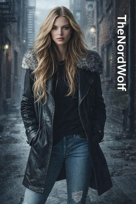 Women Black Genuine Leather Coat with Fur Collar | Slim Fit Long Winter Jacket | Handmade Luxury Leather Outerwear. Customisation Available