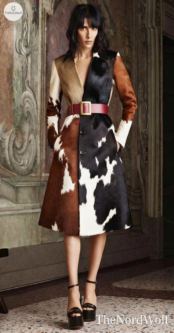 Vintage Hair-On Cowhide Leather Long Coat, Brown Black White Classic Street Style
