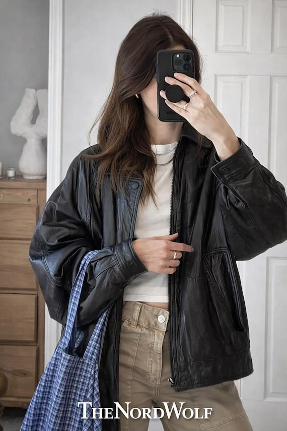 Women's Vintage black Oversized Leather Jacket  Outerwear Relaxed  Winter Coat, 90s Inspired Casual Modern Fashion. Custom Sizes Available