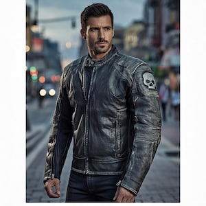 Distressed rundlederen bikerjack heren, Skull Patch Moto Cafe Racer