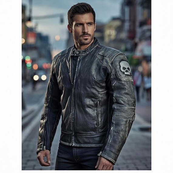 Men's Distressed Cowhide Leather Biker Jacket, Skull Patch Moto Cafe Racer