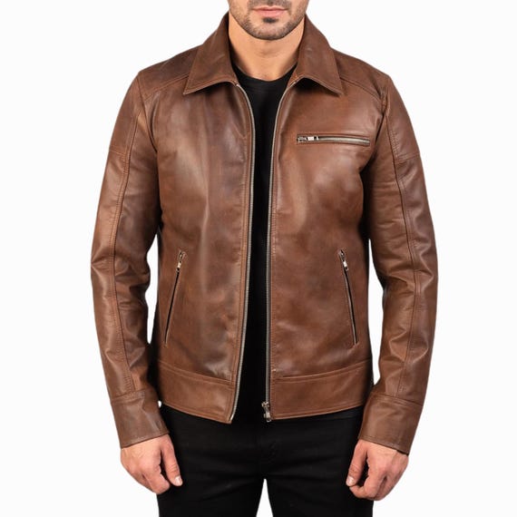 Men's Classic Brown Real Leather Jacket – Cafe Racer Style Zip-up