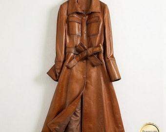 Italian Leather Trench Coat – Tan Real Leather Overcoat, Custom Fit