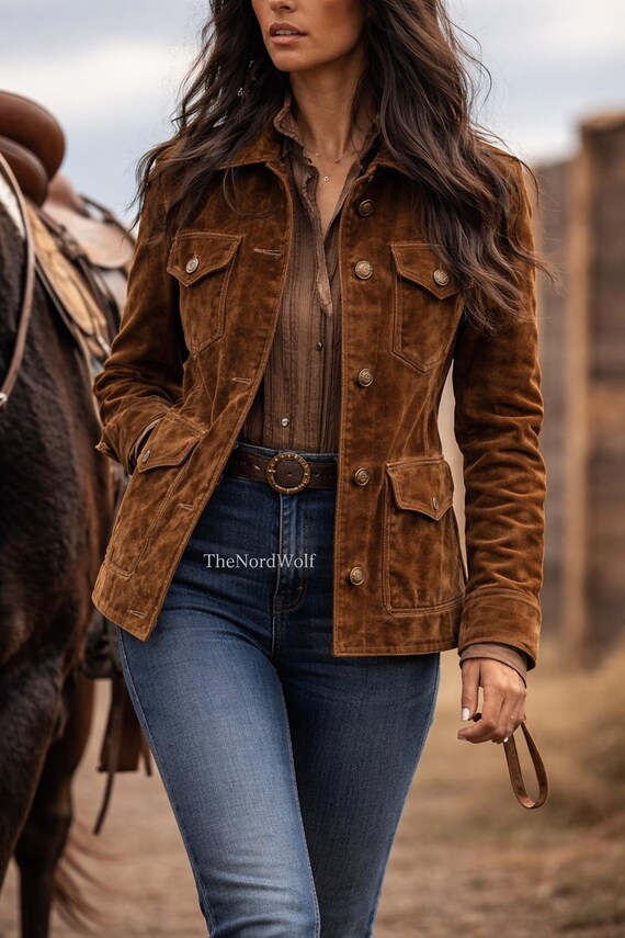 Women’s Brown Real Suede Leather Jacket Handmade Vintage Western Style with Pockets. Customisation Available