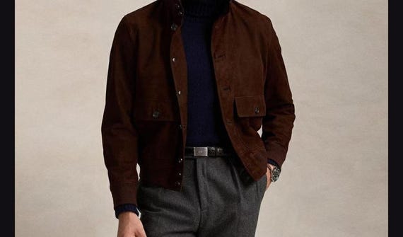 Chocolate Brown Men's Goat Suede Leather Bomber Jacket