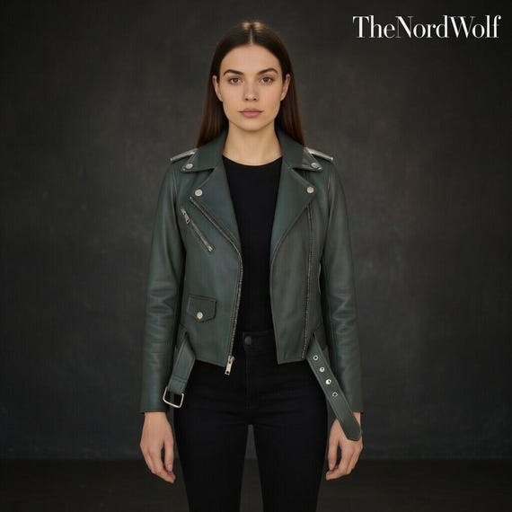 Women's Green Leather Biker Jacket – Moto Style, Custom Sizes