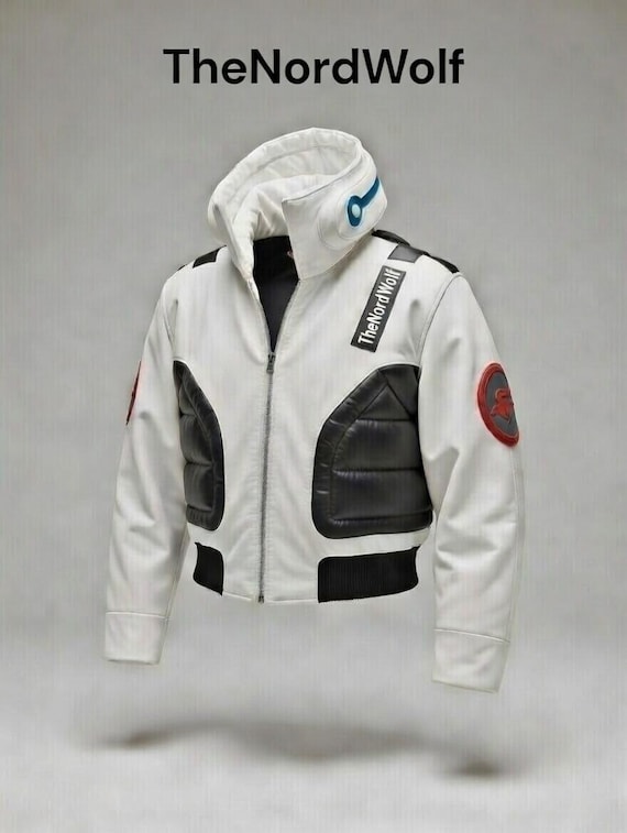 Cyberpunk LED Collar White Leather Jacket – Futuristic Cosplay & Streetwear | Custom Handmade | The Nord Wolf