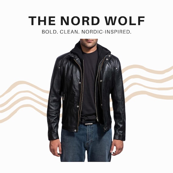 Men’s Black Real Leather Jacket with Removable Hood – Slim Fit Motorcycle Style | The Nord Wolf