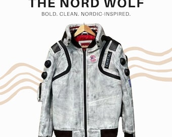 Chaqueta de cuero encerado blanco estilo Cyberpunk 2077 – Cuello con LED, bordado samurái