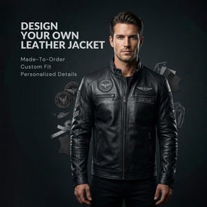 Pode incluir: Um casaco de couro preto com gola alta, fecho de correr frontal completo e vários bolsos com fecho. O casaco inclui emblemas bordados no peito e nas mangas. O texto diz: DESIGN YOUR OWN LEATHER JACKET, Made-To-Order, Custom Fit, Personalized Details.