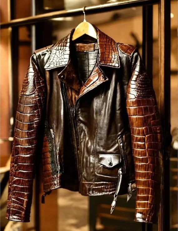 Crocodile Texture Cow Leather Jacket – Genuine Leather Luxury Statement Piece. Men/Women