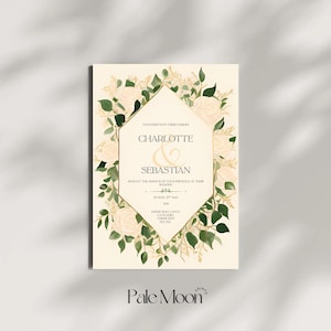 May include: Wedding invitation featuring the names "Charlotte & Sebastian" in elegant script. The design includes a geometric frame with cream-colored roses and green foliage, set against a cream background. The Pale Moon logo is at the bottom.
